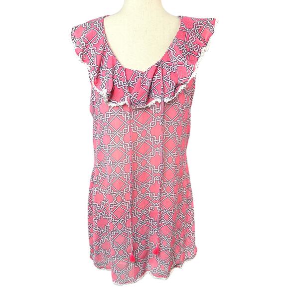 crown & ivy Other - Crown & Ivy Women Size S Ruffle Neck Sleeveless Swimsuit Cover Up Pink Geo Chain